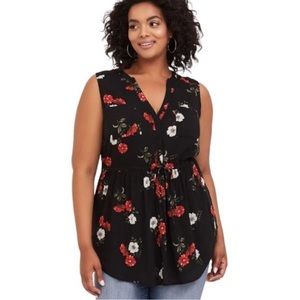 Torrid Emma Floral Babydoll Challis Tunic Tank Top Black Size 1x- 14/16